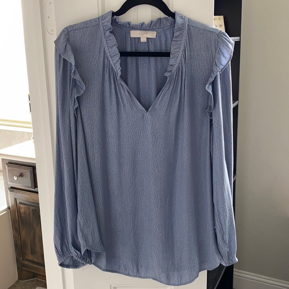 Loft • blue dotted keyhole blouse, size L